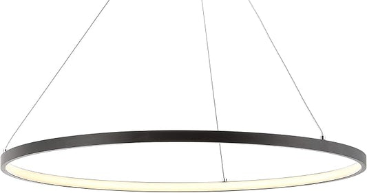 JONATHAN Y 23.75" Matte Black Modern Integrated LED Pendant Light, Dimmable Round Hoop Chandelier for Kitchen Island, Dining Room, Adjustable Height Metal Hanging Light (JYL7203A)