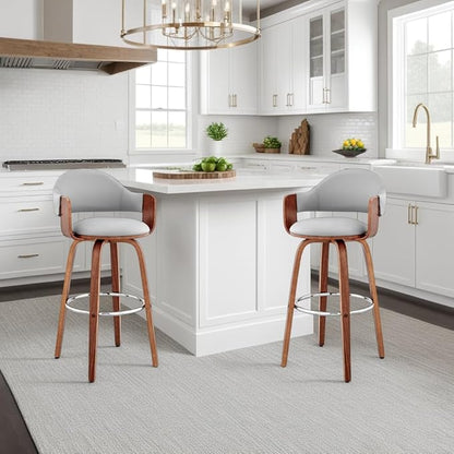 Armen Living Daxton Mid Century Modern Swivel Bar Stool for Kitchen Island Counter in Gray Faux Leather and Walnut Wood, 26" Seat Height