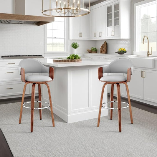 Armen Living Daxton Mid Century Modern Swivel Bar Stool for Kitchen Island Counter in Gray Faux Leather and Walnut Wood, 26" Seat Height