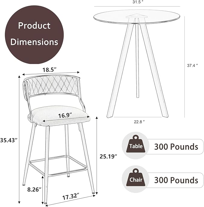 Round Bistro Table and Chairs Set for 4, Clear Small Round High Top Bar Table and 4 Faux Leather Counter Height Padded Stools for Home Bar Dinning Room Kitchen (Gray)
