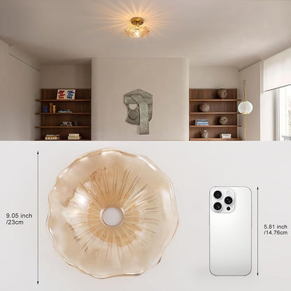 Shenmoyl Semi Flush Mount Light, Gold Hallway Vintage Fixture With Amber Water Lily Glass, Bulb Included, 4.72" Base Modern Ceiling Light for Porch Kitchen Bedroom
