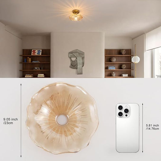 Shenmoyl Semi Flush Mount Light, Gold Hallway Vintage Fixture With Amber Water Lily Glass, Bulb Included, 4.72" Base Modern Ceiling Light for Porch Kitchen Bedroom
