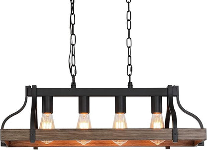MEIXISUE Rustic Kitchen Island Dining Room Light Fixture Farmhouse Linear Chandelier Black and Retro Wood Finish 4-Light Industrial Metal Hanging Pendant Light UL Listed L28.3 W10.6