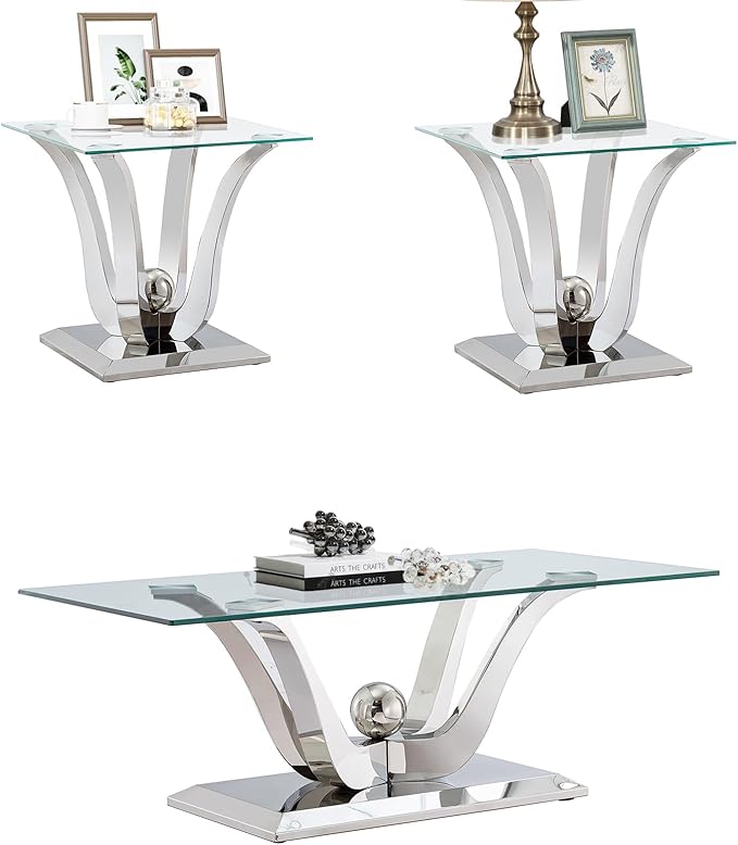Luxury Glass Coffee Table Set of 3 Piece Silver Living Room Table Set of 3 Including Coffee and End Tables Set,Gorgeous Stainless Steel Frame, Clear Glass Top for Living Room Home Office Apartment