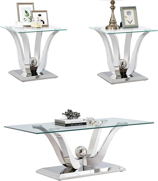 Luxury Glass Coffee Table Set of 3 Piece Silver Living Room Table Set of 3 Including Coffee and End Tables Set,Gorgeous Stainless Steel Frame, Clear Glass Top for Living Room Home Office Apartment