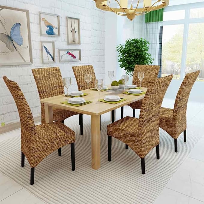 6-Pack Modern Farmhouse Dining Chairs Brown Handwoven Abaca Seat Solid Mango Wood Frame 18.5"x19.7"x38.2" Comfortable Kitchen Accent Chairs for Dining Room Living Room
