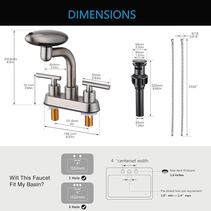 TUTEW Brushed Nickel Bathroom Sink Faucet，Modern 3 Hole Bathroom Faucet 2 Handle 4 Inch Centerset with 4 Water Outlet Modes, 360° Swivel Spout & Pop-Up Drain