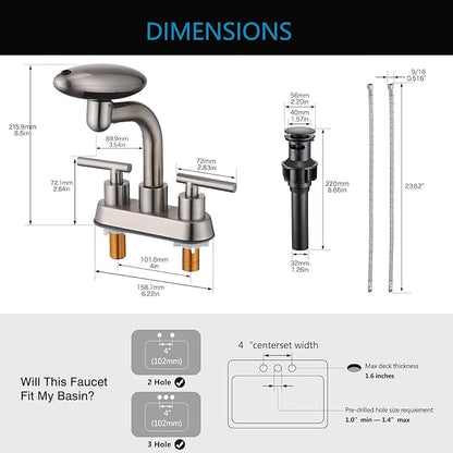 TUTEW Brushed Nickel Bathroom Sink Faucet，Modern 3 Hole Bathroom Faucet 2 Handle 4 Inch Centerset with 4 Water Outlet Modes, 360° Swivel Spout & Pop-Up Drain