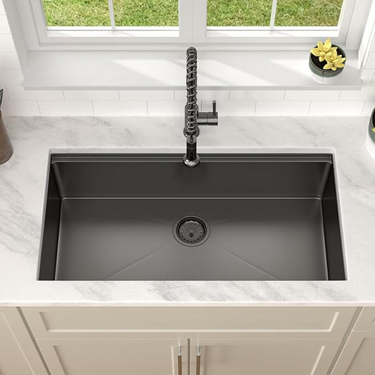 Dcolora 36 in. Black Undermount Kitchen Sink Workstation NANO-PVD Large Black Kitchen Sinks with Ledge Round Corner 16 304 Gauge Stainless Steel Single Bowl Basin, Gunmetal Black,36"x19"x10",DC-U7776