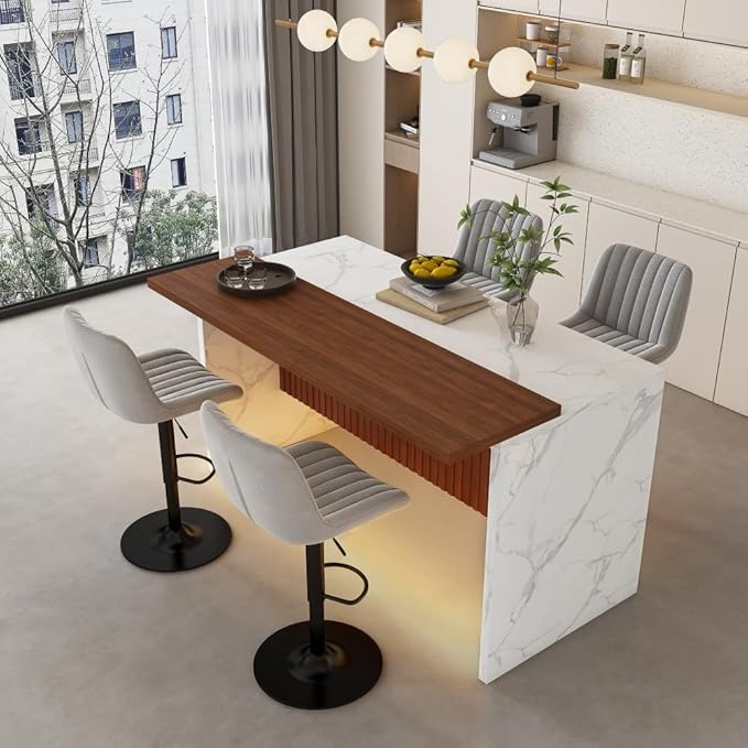 63 Inch Kitchen Island with 4 Deep Brown Bar Stools – White Marble Countertop, Integrated LED Lighting & Grille Design, Multi-Functional Breakfast Bar for Dining Rooms, (White+4grey)