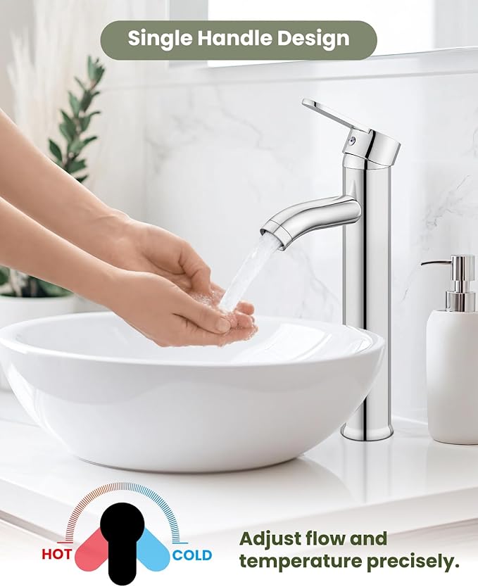gotonovo Vessel Sink Faucet Modern Tall Bathroom Faucet Single Handle One Hole Stainless Steel Vanity Lavatory Rv Bowl Basin Mixer Tap with Supply Lines and Metal Pop Up Drain, Polish Chrome