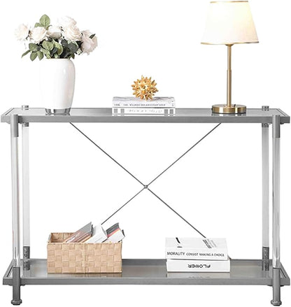 Silver Console Table with Chrome Metal Frame, 2-Tier Rectangular Clear Glass Acrylic Console Table with Storage Shelf, Narrow Hallway Tables Modern Entryway Tables for Living Room