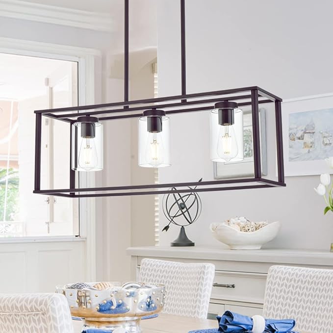 VINLUZ 3-Light Industrial Metal Large Pendant Lighting Oil Rubbed Bronze Modern Linear Chandelier with Clear Glass Shades Farmhouse Rustic Ceiling Light Fixtures Hanging for Dining Room Kitchen Island