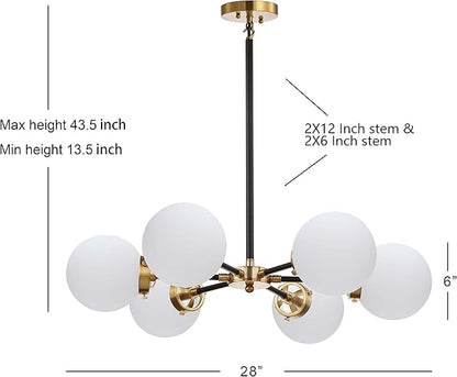 JONATHAN Y 28" Brass Gold/Black Modern 6-Light Cluster Pendant Chandelier, Clear Glass Shade Hanging Fixture for Kitchen Island Dining Room, LED Bulbs Included, Dimmable (JYL9059B)