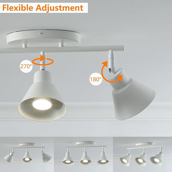 Modern 3-Light Track Lighting Fixture, Matte White Metal Ceiling Spotlight with Flexible Rotatable Heads, GU10 Base Directional Track Light for Kitchen, Hallway, Living Room & Gallery