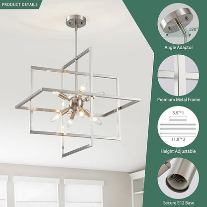 Modern Chandelier, 8-Light Geometric Ceiling Light Fixture, 22" Height Adjustable Brushed Nickel Lamp for Foyer, Stairway, Living Room