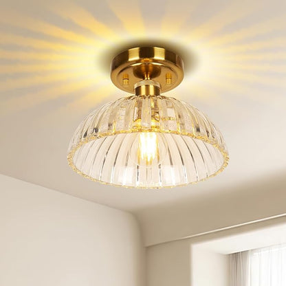 JYZ Semi Flush Mount Ceiling Light, Gold Ceiling Light Fixture with Brass & Ribbed Glass Shade, Vintage Light fixtures for Hallway, Entryway, Bathroom, Kitchen, Bedroom 2-Pack