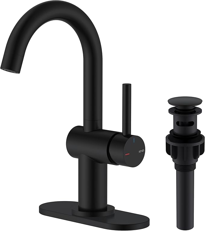 KENES Matte Black Bathroom Sink Faucet, Bathroom Faucets Single Handle Modern Prep Wet Bar Sink Faucets with Drain Assembly & Deck Plate, Farmhouse RV Camper Outdoor Utility Faucet, KE-9005B-2