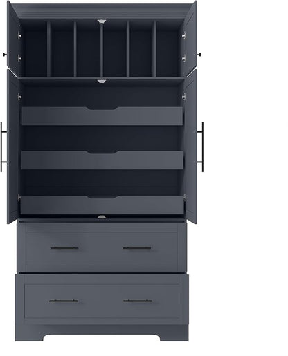 Merax 72.6" Farmhouse Kitchen Pantry Cabinet with Pull-Out Trays & Drawers, Freestanding Pantry with Cake Pan Storage, 4-Door Shaker Style Storage Cabinet, 40" L x 18" W, Grey