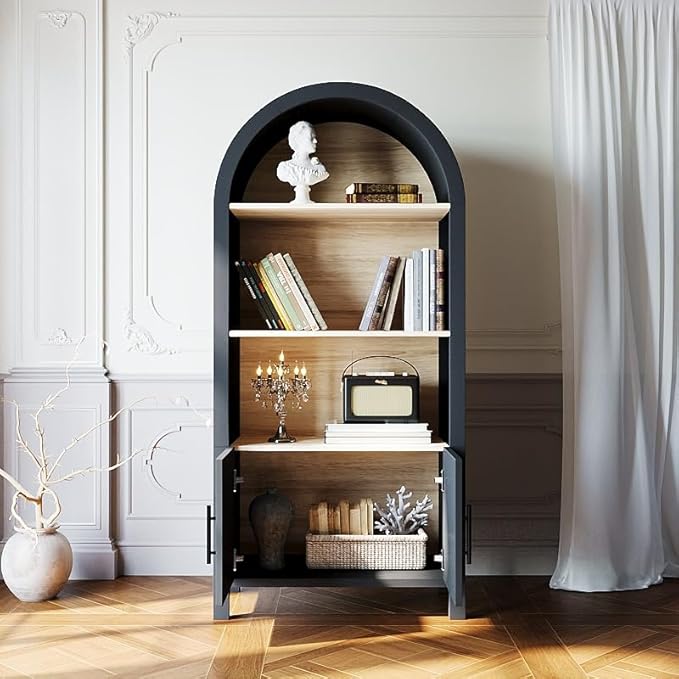 Ball & Cast 67" Tall Arched Storage Cabinet, Modern 3-Tier Wooden Kitchen Pantry Cabinet with Doors & Open Shelves,Versatile Bookcase Display Cabinet for Living Room,Office,Dining Room,Black