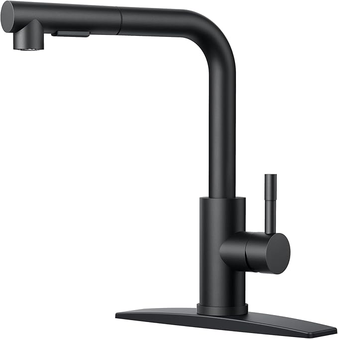 FORIOUS Black Kitchen Faucet with Pull Down Sprayer, Stainless Steel Single Handle Classic Pull Out Bar Sink Faucet for Farmhouse Laundry RV, with Deck Plate for 1 or 3 Holes