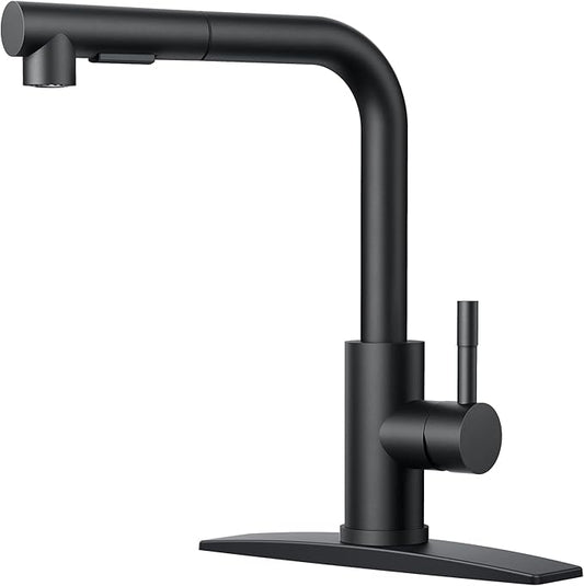FORIOUS Black Kitchen Faucet with Pull Down Sprayer, Stainless Steel Single Handle Classic Pull Out Bar Sink Faucet for Farmhouse Laundry RV, with Deck Plate for 1 or 3 Holes
