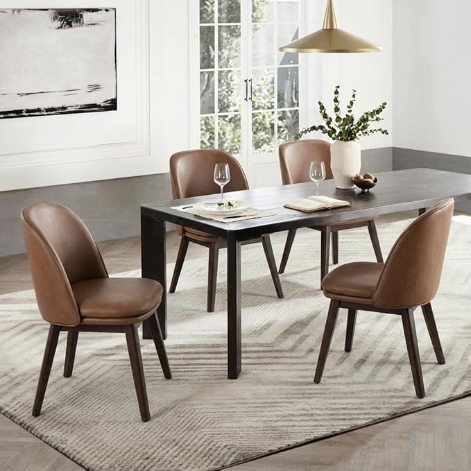 KISLOT Wooden Dining Chairs Set of 2, Faux Leather Upholstered Modern Dining Room Chairs with Double-Layer Thick Seat Cushion & Ergonomic Backrest for Restaurant, Kitchen and Café, Brown