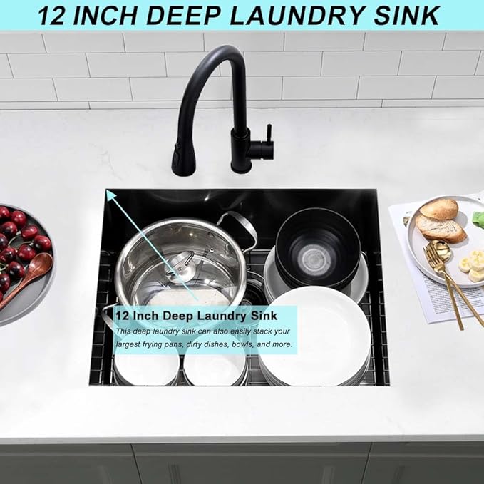 21 Inch Undermount Laundry Sink Black -Wesliv 21x19x12 Inch Black Undermount Laundry Sink Stainless Steel 16 Gauge Single Bowl Deep Under Mount Laundry Room Sinks with Bottom Grid