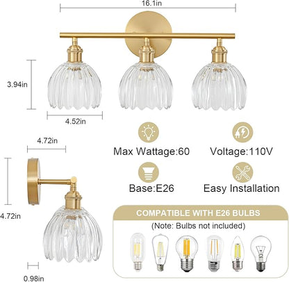 Gold Bathroom Light Fixtures Over Mirror, 3 Light Bathroom Vanity Light Fixture with Tulip Transparent Glass Lampshade, Vintage Vanity Lights for Bathroom, Bathroom Vanity Lights Over Mirror
