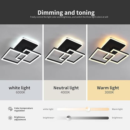 Garwarm Modern LED Ceiling Light, Dimmable 3 Heads Squares Ceiling Lamp Fixture with Remote, Acrylic Metal Flush Mount Ceiling Chandelier Lighting for Living Room Bedroom (70W, Black)