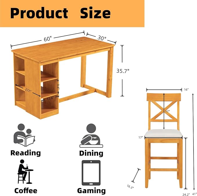 Homy Casa 60" Farmhouse Counter-Height Dining Table Set for 4, Solid Wood 3-Tier Storage Shelves, X-Back Upholstered Chairs, 36" H Kitchen Island Table, 5-Piece, Rustic Brown