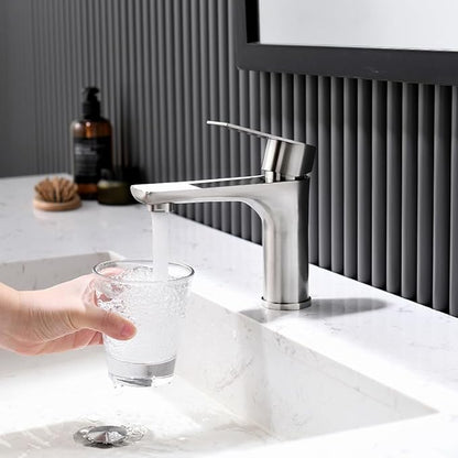 Single Hole Bathroom Faucet, Stainless Steel Bathroom Faucets, Brushed Nickel Commercial Bathroom Sink Faucet,Single Handle Bathroom Sink Faucet with Supply Lines, BF019L