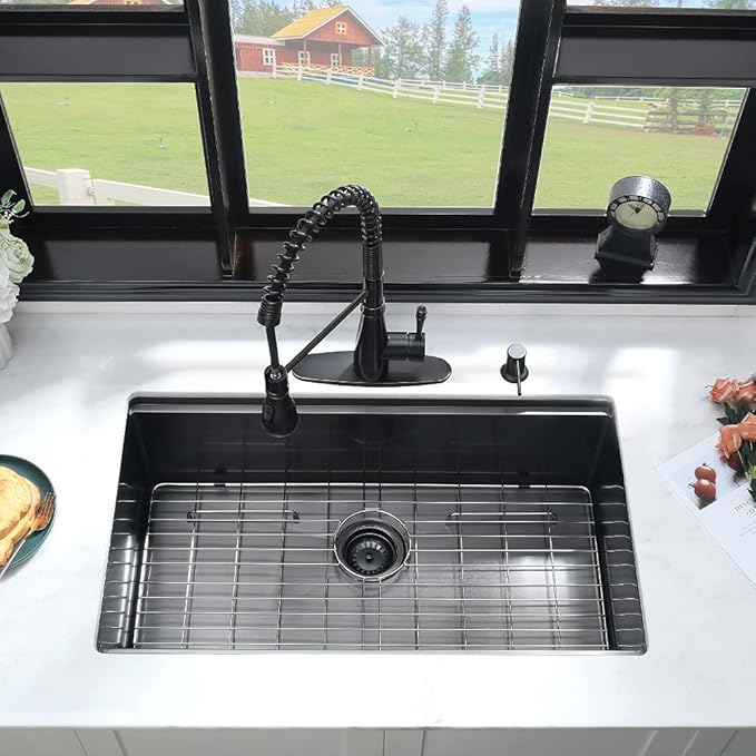 28 Inch Black Undermount Kitchen Sink Workstation-iAnomla 28x18 Kitchen Sink Undermount 16 Gauge Deep Stainless Steel Single Bowl Undermount Workstation Sink with Cutting Board