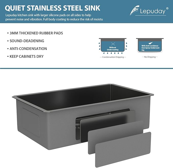 30 Inch Black Undermount Kitchen Sink Single Bowl 18 Guage Stainless Steel 30"x18"x9" Deep Under Counter Kitchen Sinks Basin R10 Round Corners Handmade Sink
