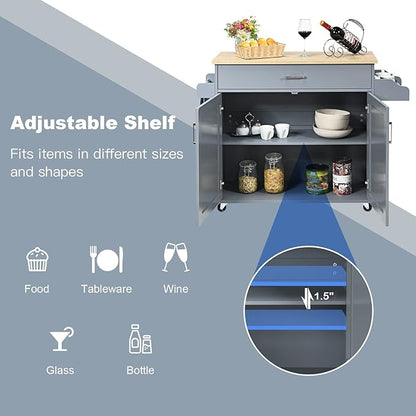 PETSITE Kitchen Island Cart with Storage Cabinet on Wheels, Spice Rack Towel Rack & Drawer (Grey)
