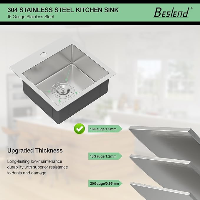 15 Inch Drop In Kitchen Sink - Beslend ADA 6 Inch Depth 15x15 Drop In Square Sinks Topmount Stainless Steel 16 Gauge Mobility Friendly Sink for Wheelchair Accessible & Accessible Design Kitchen