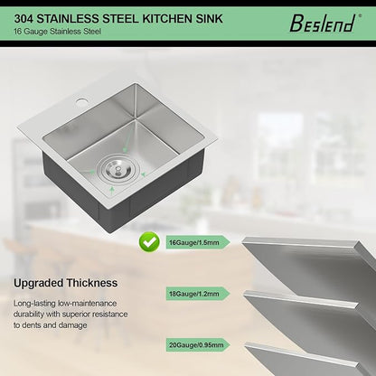 15 Inch Drop In Kitchen Sink - Beslend ADA 6 Inch Depth 15x15 Drop In Square Sinks Topmount Stainless Steel 16 Gauge Mobility Friendly Sink for Wheelchair Accessible & Accessible Design Kitchen