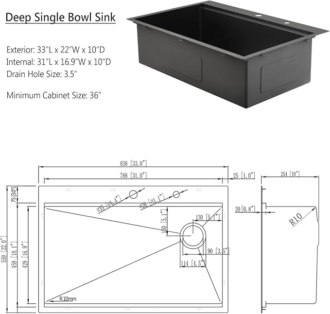 33 Inch Black Kitchen Sink Drop In, 33x22 Drop In Kitchen Sink Single Bowl Black 16 Gauge Stainless Steel Workstation Sink Deep Topmount with Offset Drain