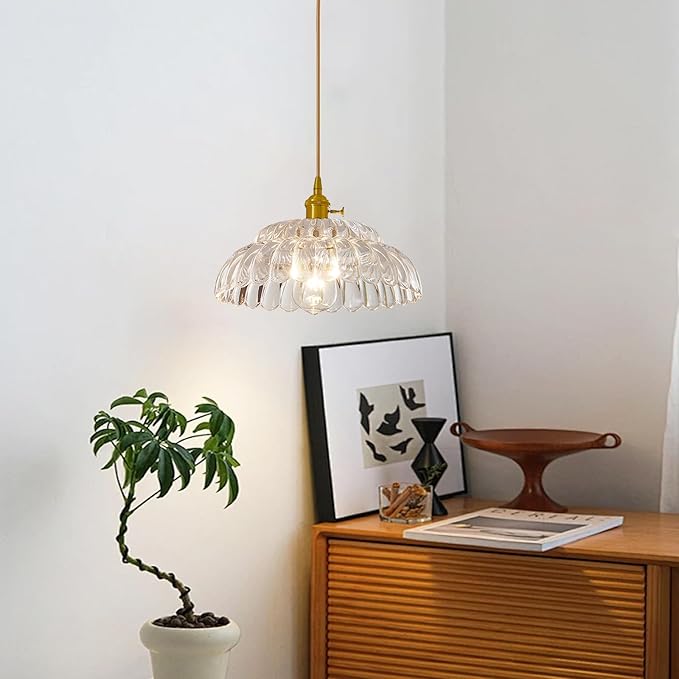 Plug in Pendant -11.8'Light Hanging Lights with in Cord Mid Century Modern Gold Hanging Lamp Flower Glass Amber Vintage Dimmable Chandelier Ceiling Fixture for Living Room,Kitchen, (CT)