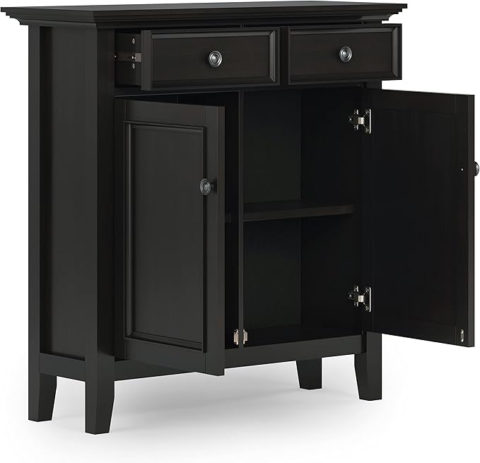SIMPLIHOME Amherst 36-inch Wide Transitional-Style Storage Cabinet in Hickory Brown with Drawers and Adjustable Shelves for Entryway or Living Room