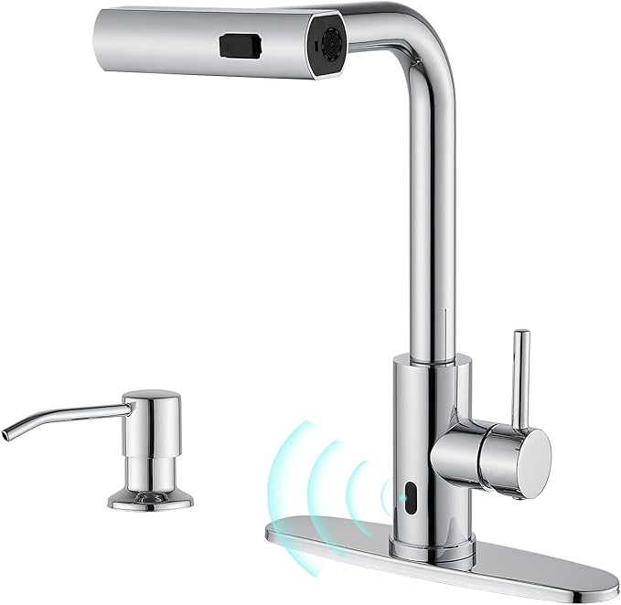 AVSIILE Touchless Waterfall Kitchen Faucets with Pull Down Sprayer & Soap Dispenser in Chrome, Single Hole, Single Handle, Pull Out Sink Faucet, Suitable for Farmhouse Camper Laundry Rv Bar