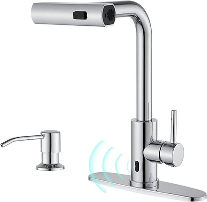 AVSIILE Touchless Waterfall Kitchen Faucets with Pull Down Sprayer & Soap Dispenser in Chrome, Single Hole, Single Handle, Pull Out Sink Faucet, Suitable for Farmhouse Camper Laundry Rv Bar
