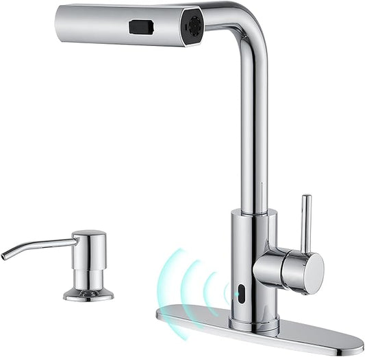 AVSIILE Touchless Waterfall Kitchen Faucets with Pull Down Sprayer & Soap Dispenser in Chrome, Single Hole, Single Handle, Pull Out Sink Faucet, Suitable for Farmhouse Camper Laundry Rv Bar