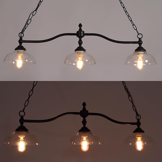KSANA Black Farmhouse Chandelier, 3-Light Modern Linear Kitchen Island Lighting with Clear Glass Shade, Rustic Island Pendant Lights Chandeliers Light Fixture for Dining Room & Kitchen