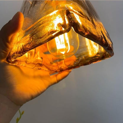 Vintage Amber Glass Pendant Light, Mid Century Square Brushed Brass Hanging Pendant Chandelier, E26/E27 Adjustable Height Farmhouse Pendant Lamp Fixture for Kitchen Island Living Room Dinning Room