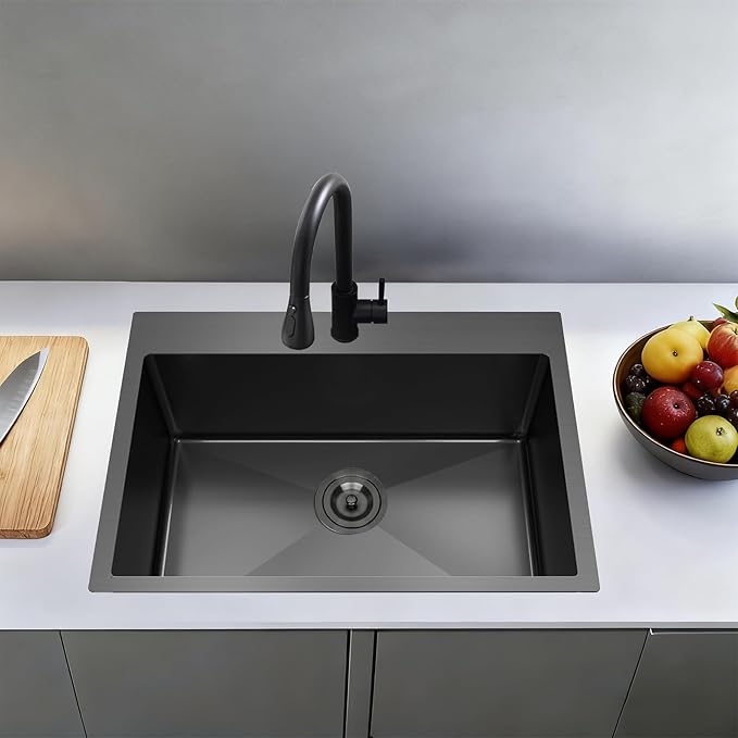 28x18 Inch Black Kitchen Sink, Topmount Drop In Stainless Steel Single Bowl Kitchen Sink, 16 Gauge Extra-Thick Modern Bar Prep RV Laundry Sinks with Mounting Brackets and Basket Strainer