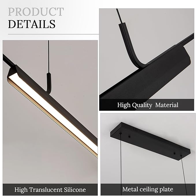 Modern Black Linear LED Pendant Light with Remote Control, 59" 20W 3-Color Temp Stepless Dimmable Island Pendant Lights, Hanging Adjustable Minimalist Pendant for Dining Room Kitchen Bar