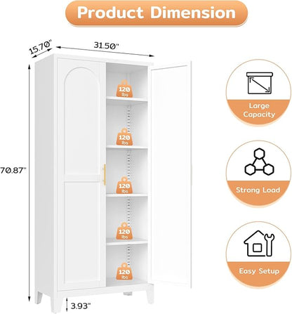 Zevemomo 71'' Tall Metal Pantry Cabinet with 2 Doors, Freestanding Kitchen Storage Cabinet with 4 Adjustable Shelves, Steel Cupboard for Kitchen, Pantry, Dining Room, Living Room, Bathroom, White