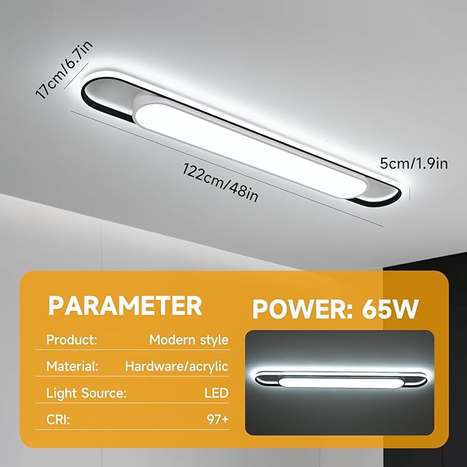 4Ft Cool White Modern LED Ceiling Lighting,65W Metal Linear Ceiling Lamp,6500K High Brightness Simple Long Light for Kitchen Dining Living Room Laundry, Garage Cloakroom Lighting (48Inch)