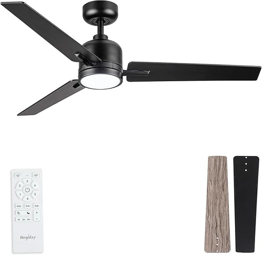 48 Inch Ceiling Fans with Lights Remote for Bedroom Living Room Kitchen Office, Indoor or Covered Outdoor, 3CCT Dimmable, Noiseless, 3 Blades, 6 Speed Reversible Quiet DC Motor, Black/Wood Grain